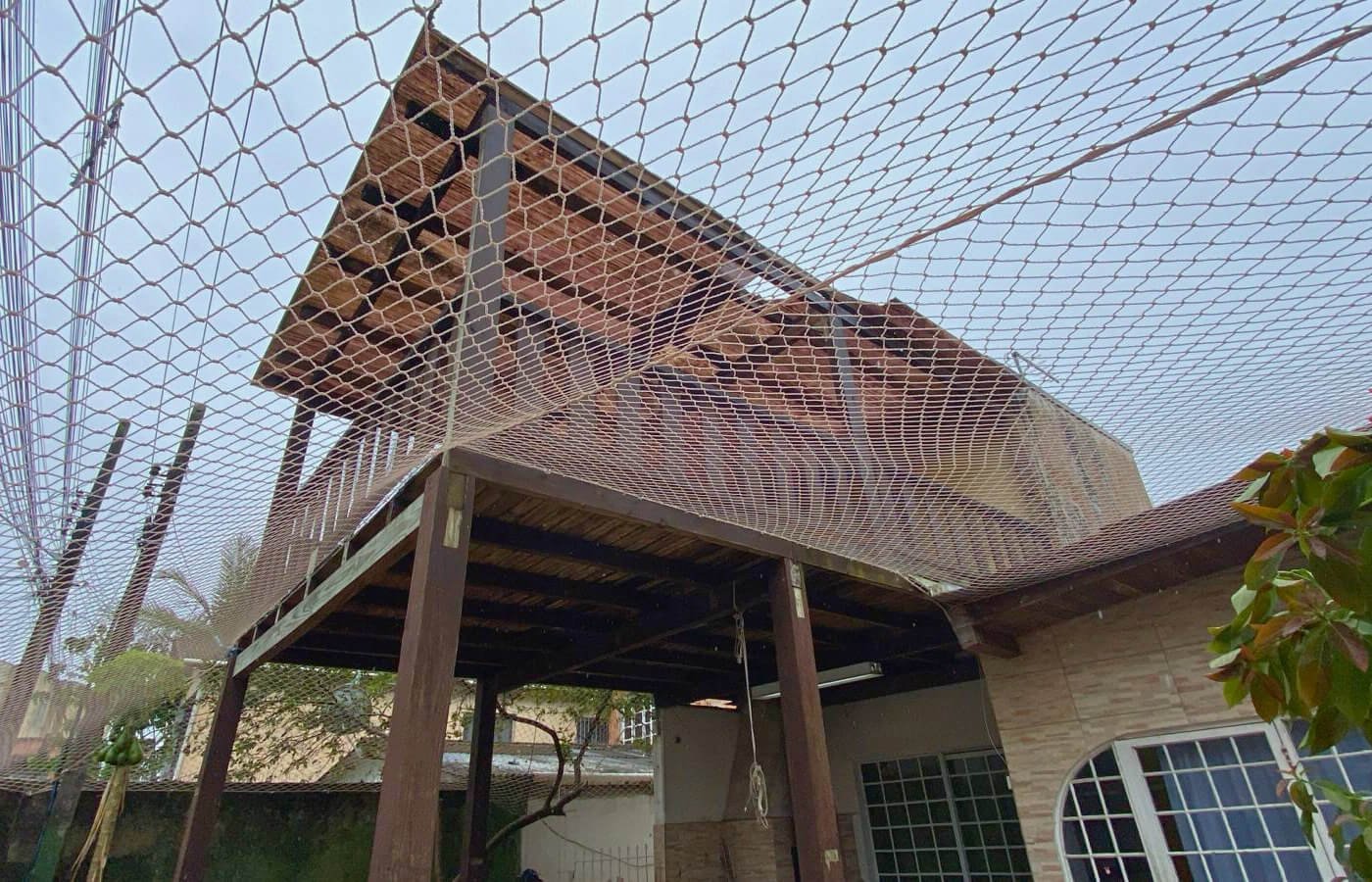 Estrutura de madeira coberta por rede de proteção formando um teto (tipo gatil ou proteção contra quedas de objetos)