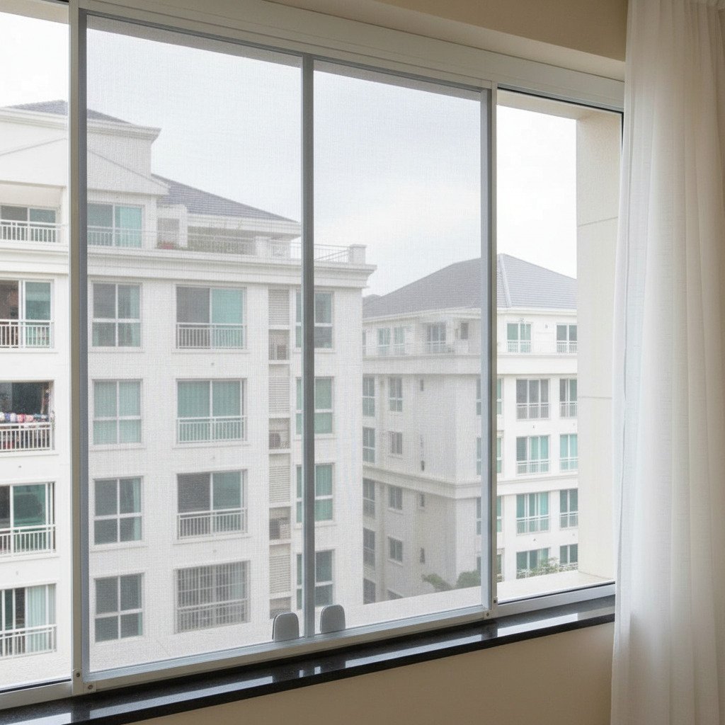 Quadra externa de esportes cercada por uma estrutura alta de tela/alambrado verde, sob um céu nublado.