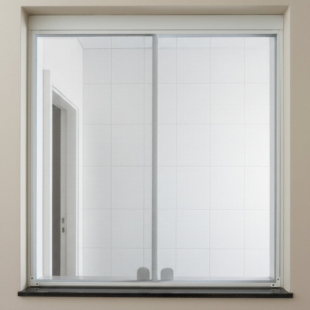 Janela interna branca com folha de tela mosquiteira deslizante para proteção contra insetos.