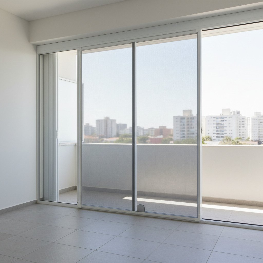 Porta de vidro de correr para sacada com porta de tela mosquiteira instalada no trilho.