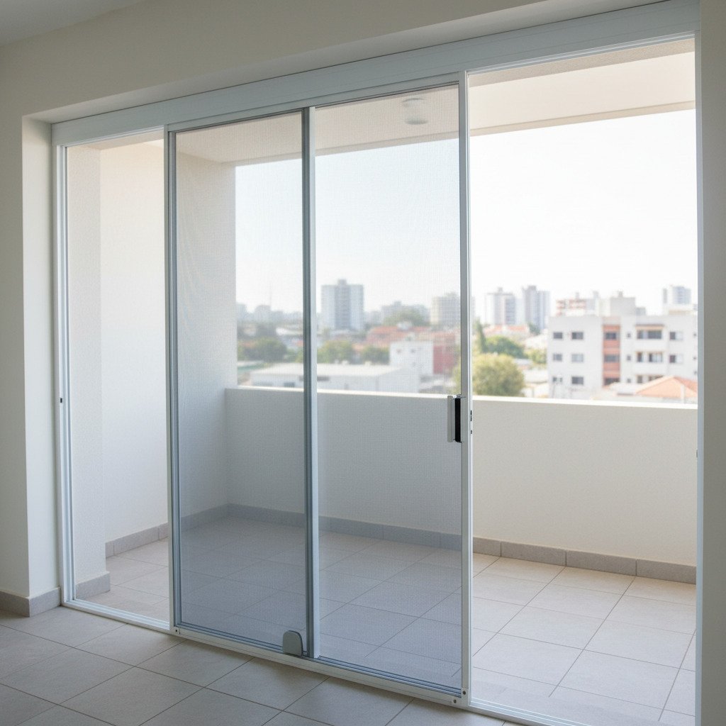 Ampla porta de varanda aberta com tela mosquiteira de correr, permitindo ventilação protegida.