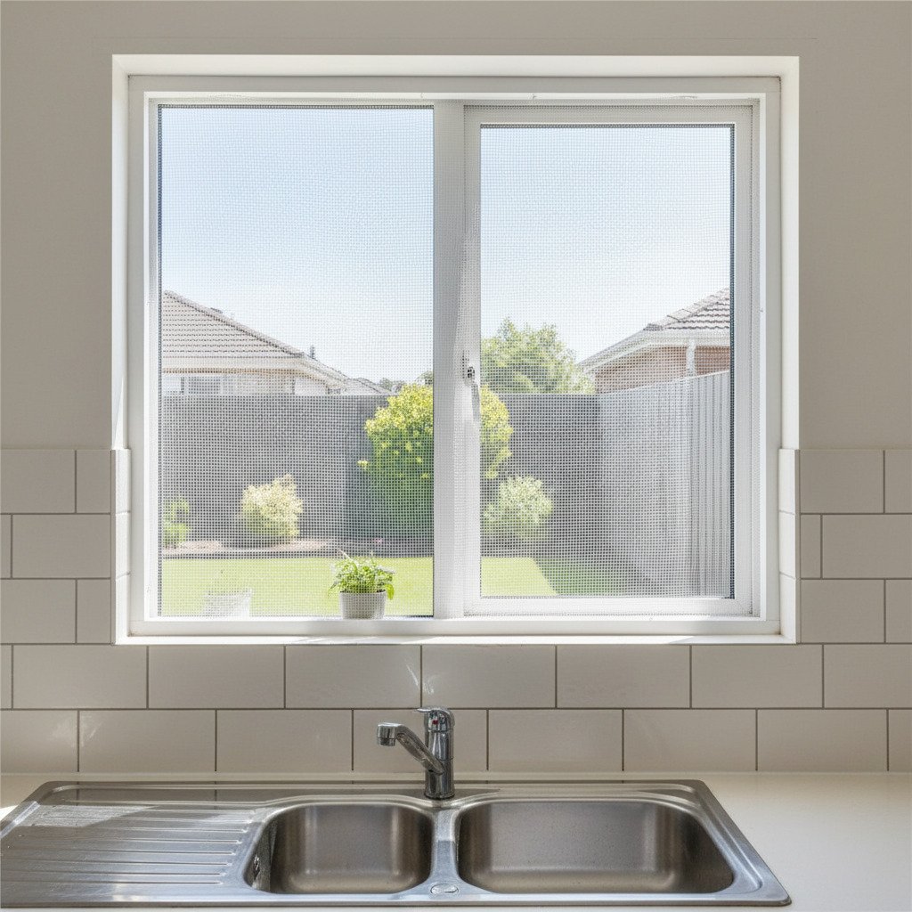 Janela de cozinha sobre a pia com tela mosquiteira instalada, com vista para o jardim.