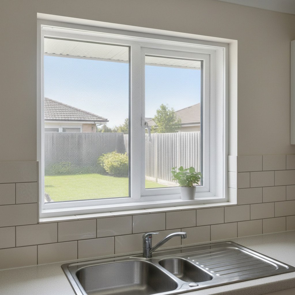 Janela de correr residencial com estrutura branca e tela mosquiteira adaptada à esquadria.